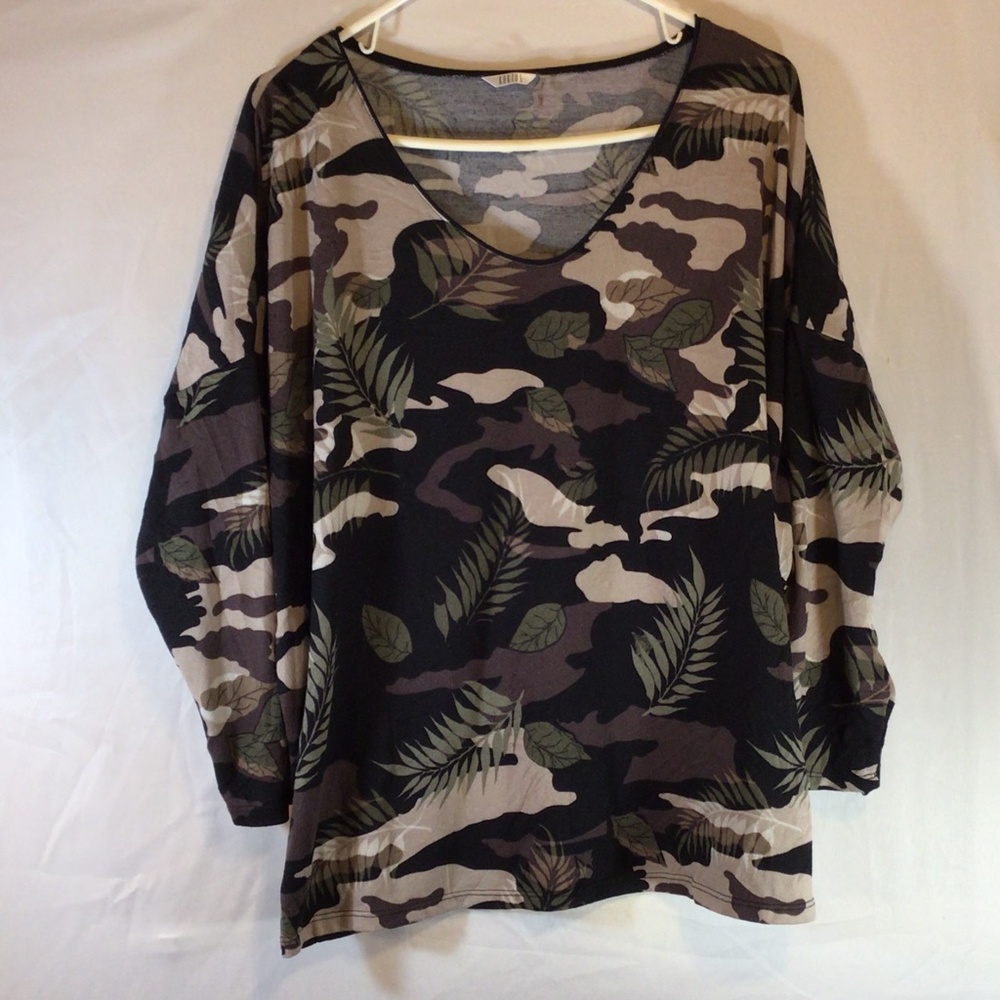 Kaktus Camo Leaf Print Top Boho Utility Long Sleeve Stretch Blouse Work Casual